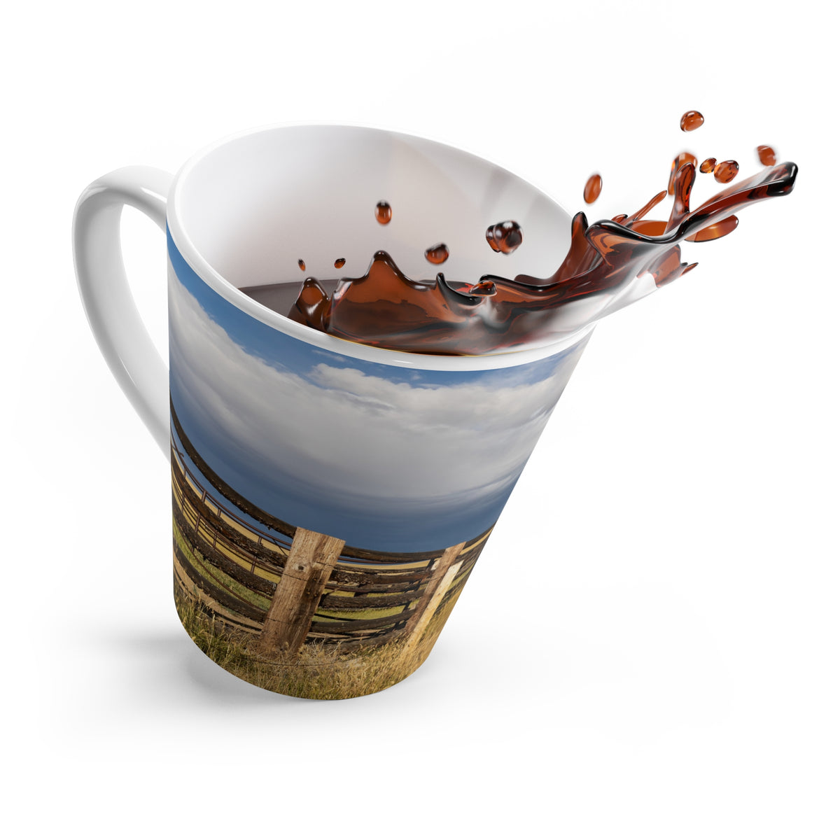 Rustic Western Range Latte Mug — Scenic Fence & Stormy Sky Coffee Cup