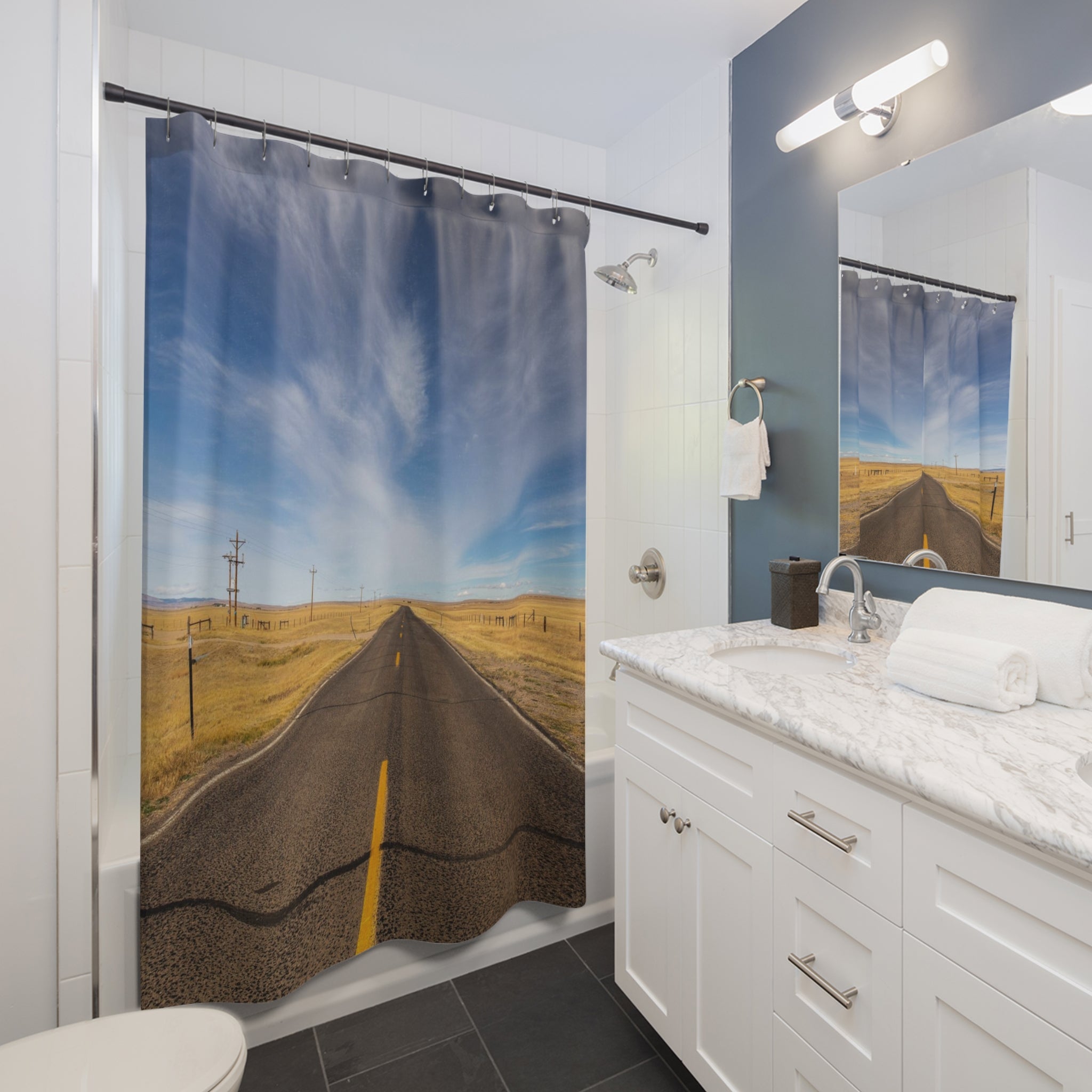 Desert Highway Shower Curtain — Scenic Open Road Bathroom Decor