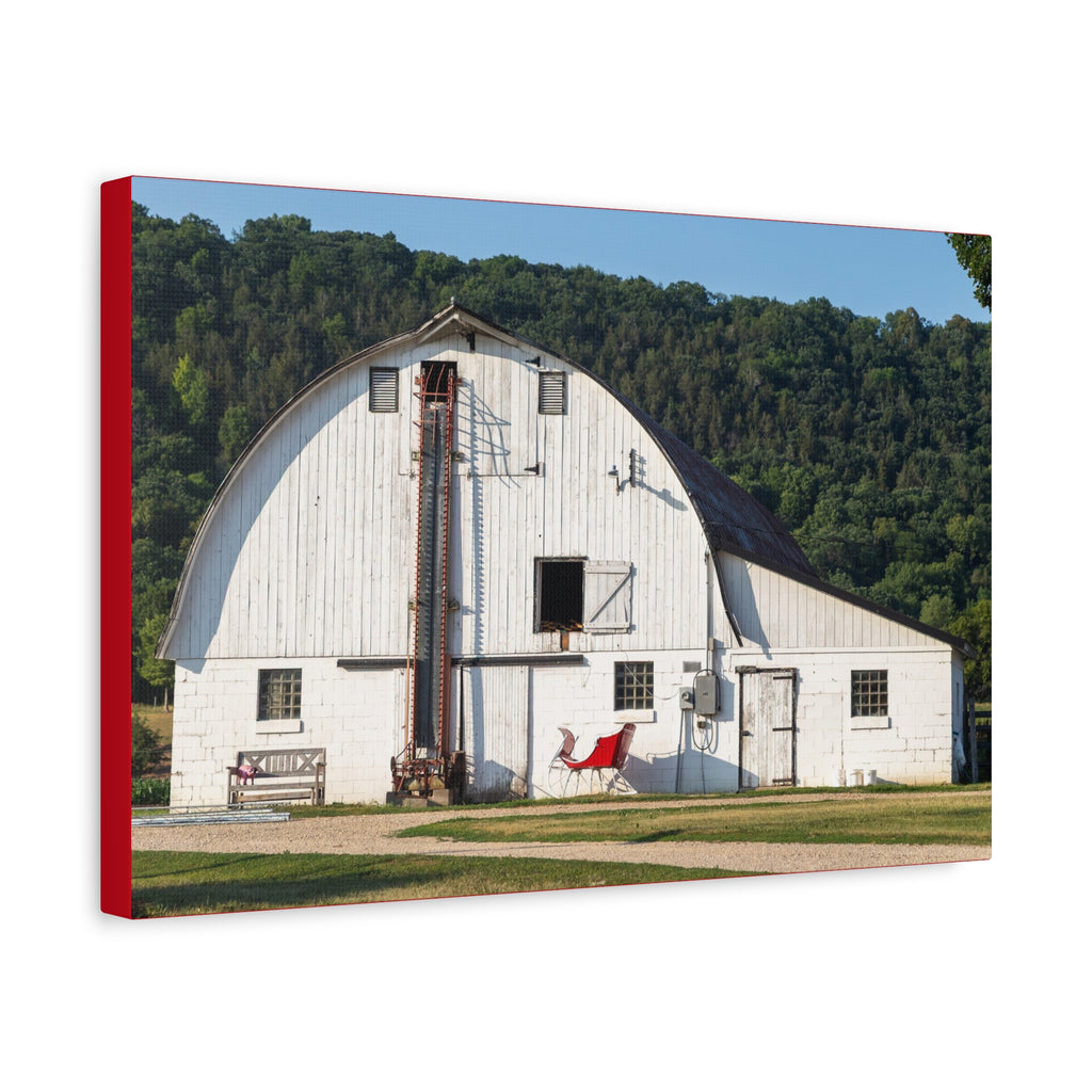 White Barn Matte Canvas Wall Art — Rustic Farmhouse Landscape Print