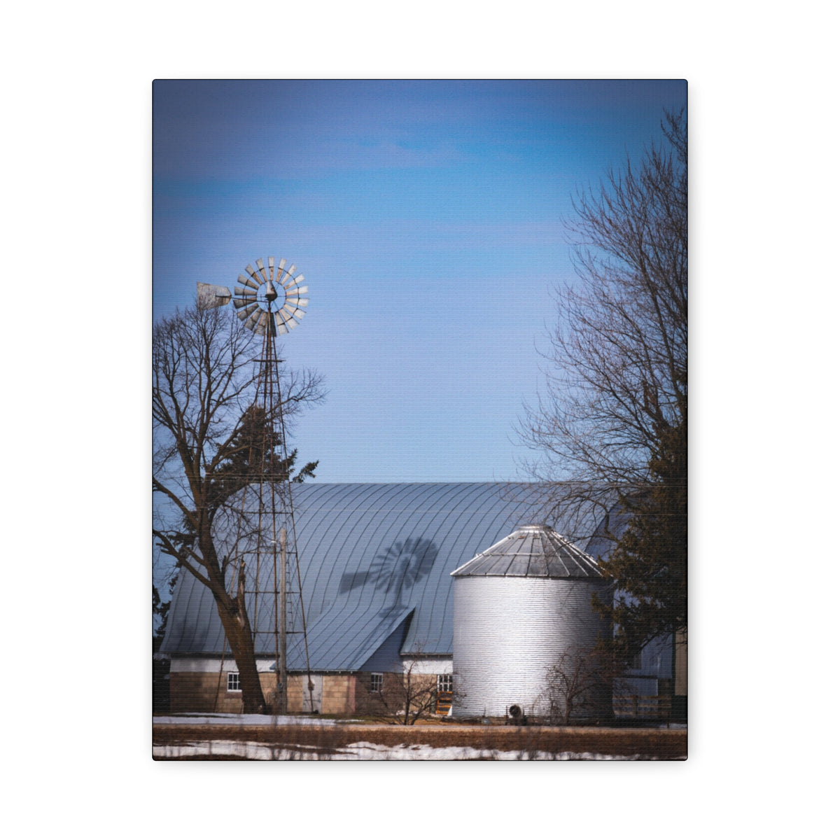 Matte canvas print of a windmill shadow scene by Printify, showing detailed artwork and soft shadow effects on the canvas surface.