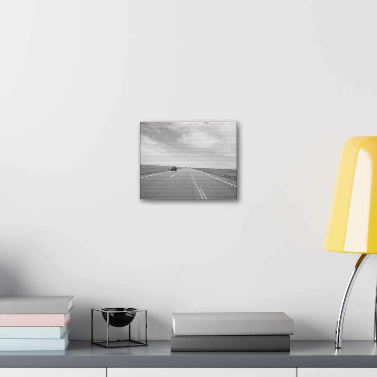 Road Trip Canvas Wall Art — Black & White Highway Scene with Red Car