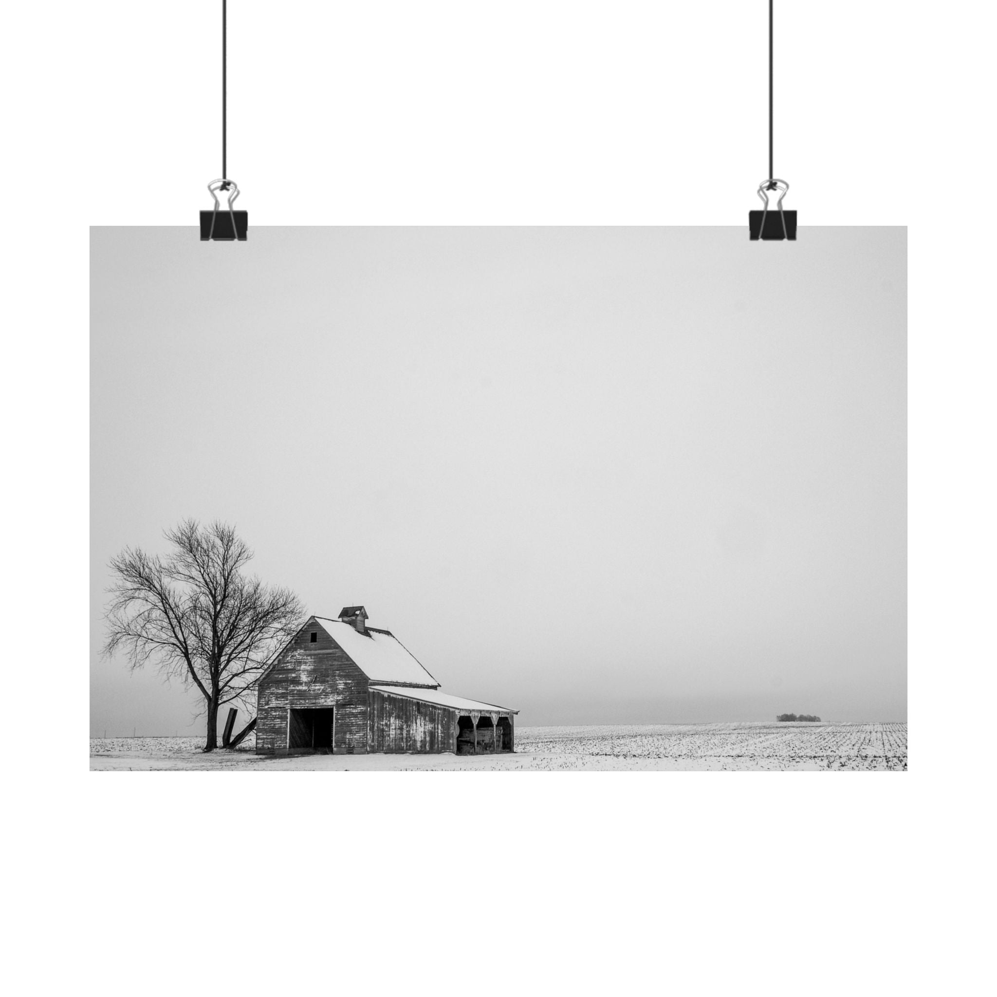 Matte Horizontal Poster — Winter Barn Black & White Landscape