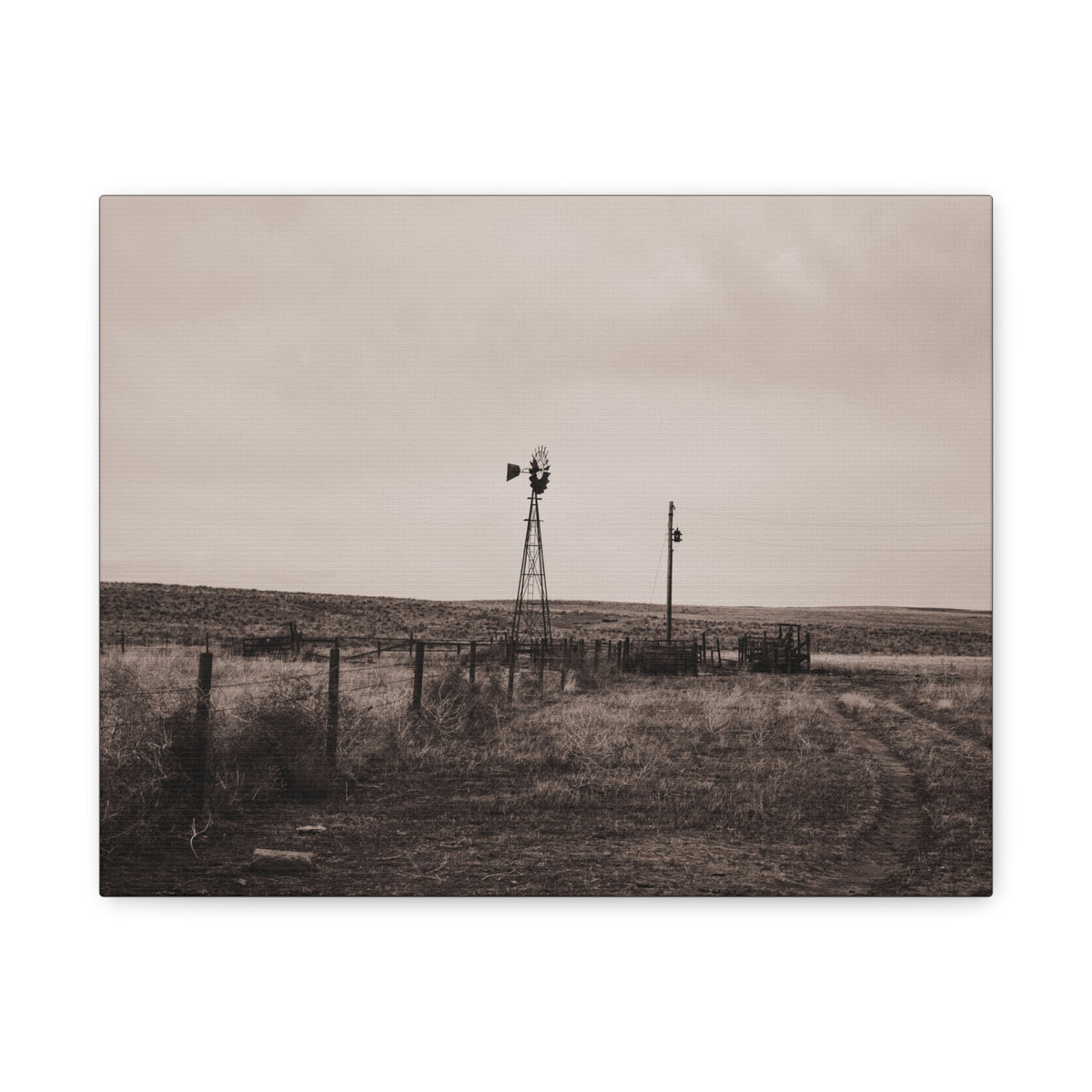 Sepia rural landscape canvas print of windmill pasture, matte finish wall art by Printify, depicting a peaceful countryside scene.