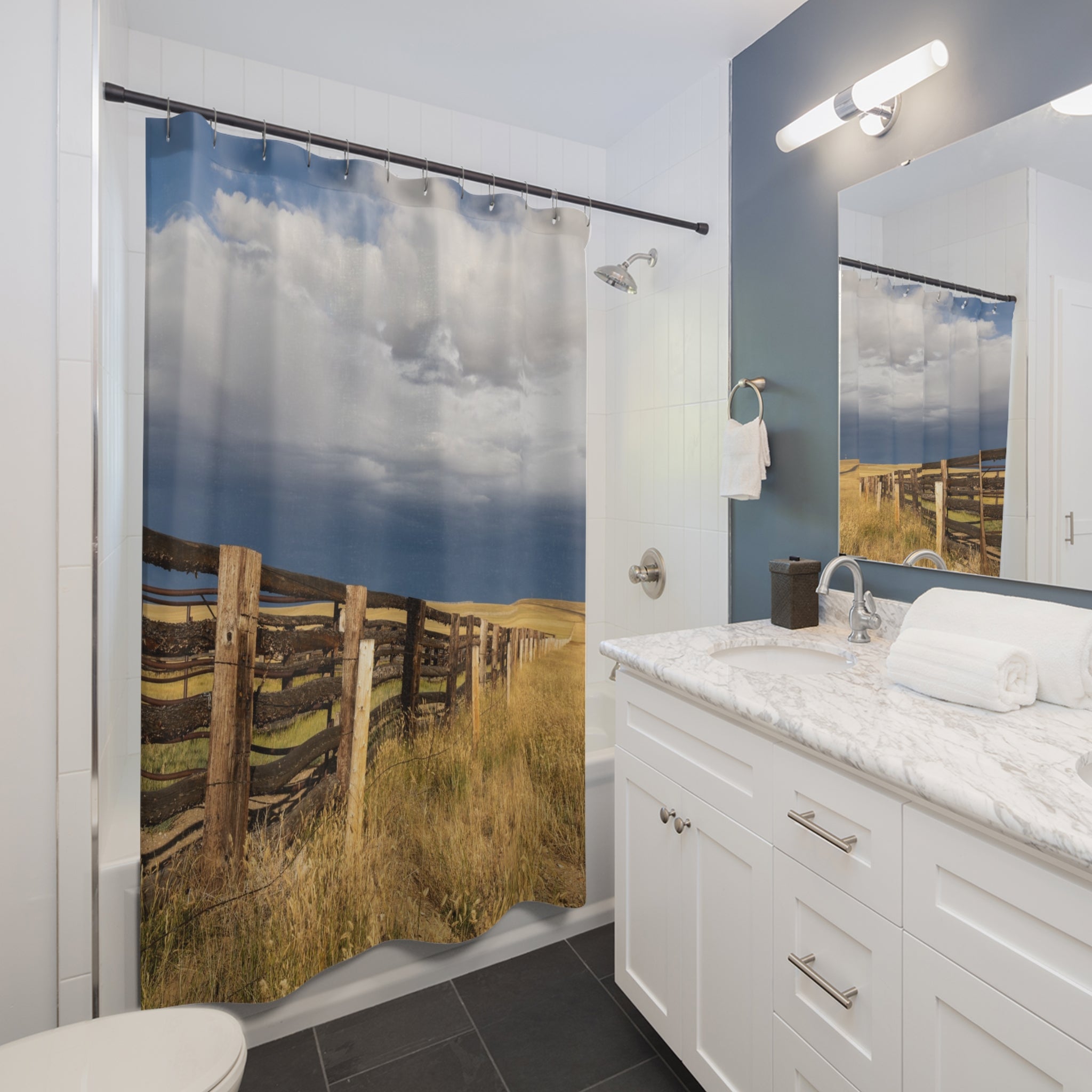 Rustic Prairie Fence Shower Curtain – Scenic Country Landscape Bathroom Decor