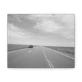 Road Trip Canvas Wall Art — Black & White Highway Scene with Red Car