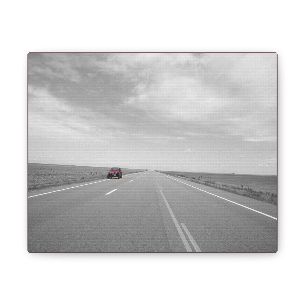 Road Trip Canvas Wall Art — Black & White Highway Scene with Red Car