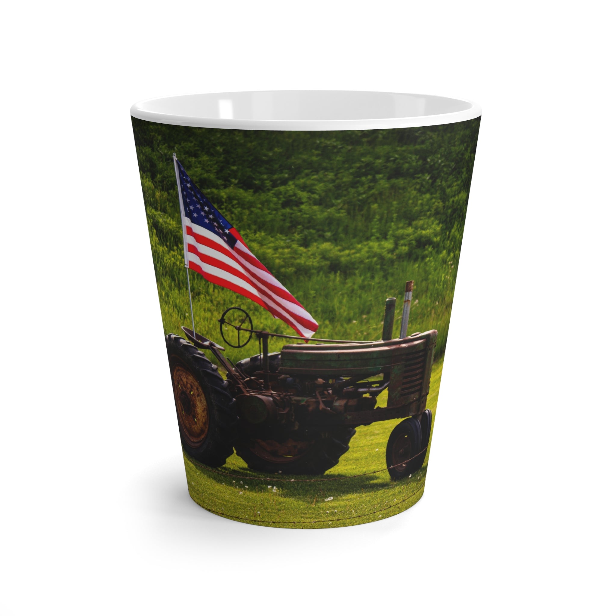 American Tractor Latte Mug — Rustic Farm Flag Coffee Cup