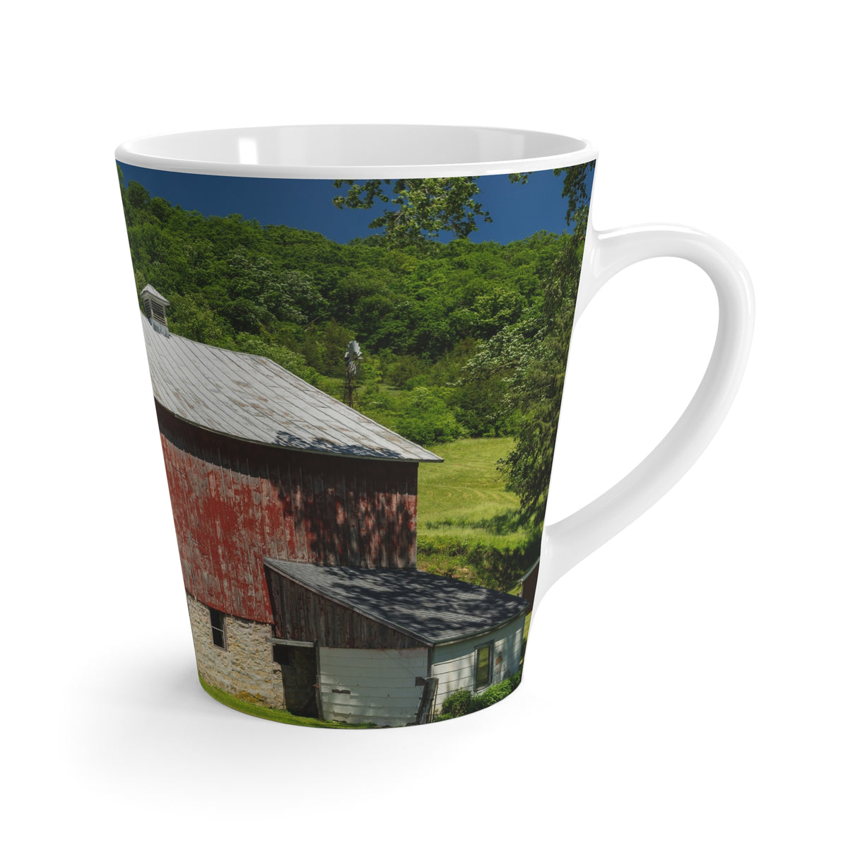 Rustic Red Barn Latte Mug — Country Farmhouse Coffee Cup