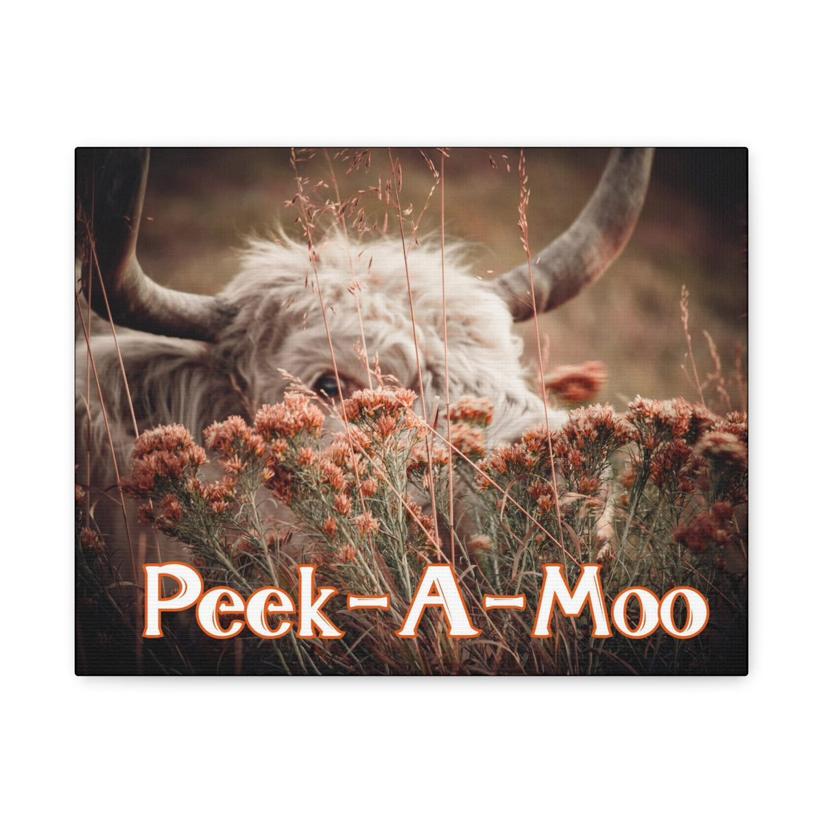 Colorful Peek-A-Moo Cow wall canvas by Printify featuring a playful cow illustration on a vibrant background.
