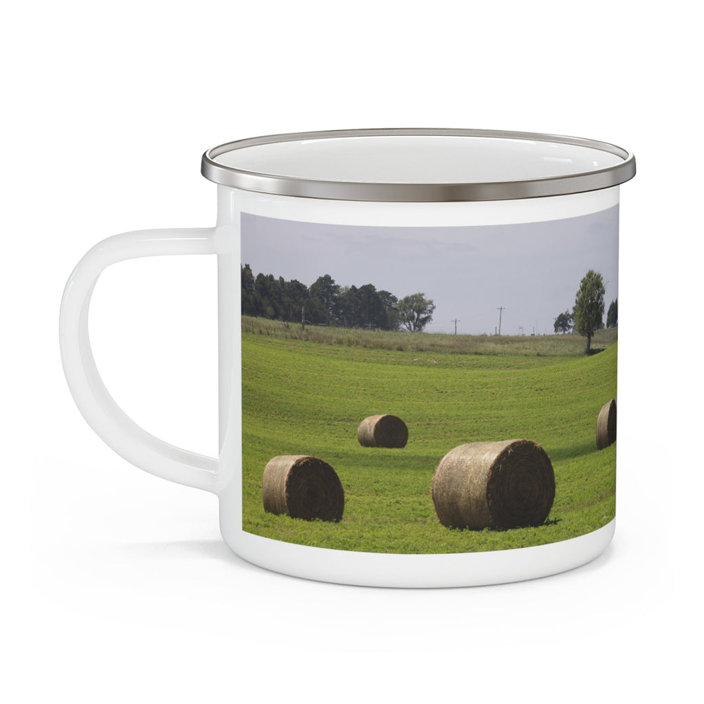 Enamel Mug with Hay Bale Field Photo — Rustic Camping Coffee Cup