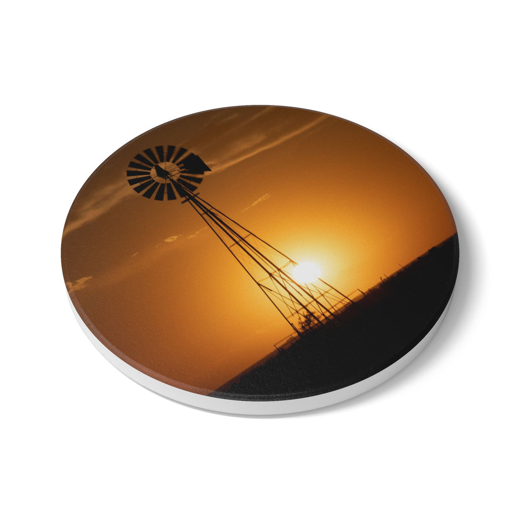 Windmill Sunset Ceramic Coaster — Rustic Farmhouse Drink Coaster