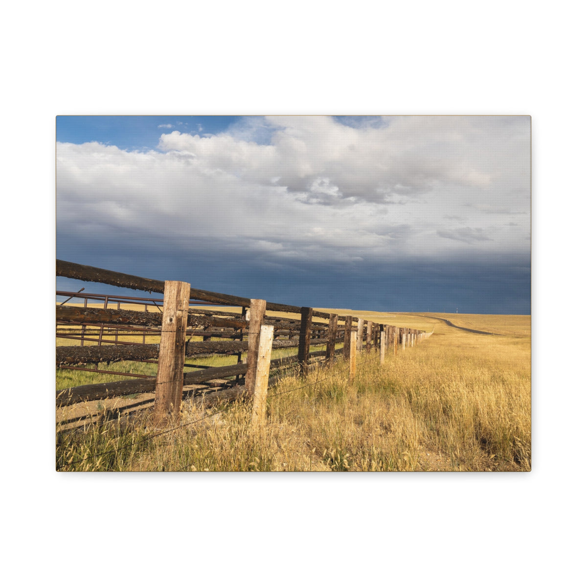 Prairie Fence Landscape Canvas Print by Printify featuring a scenic country scene with a rustic wooden fence on canvas wall art.