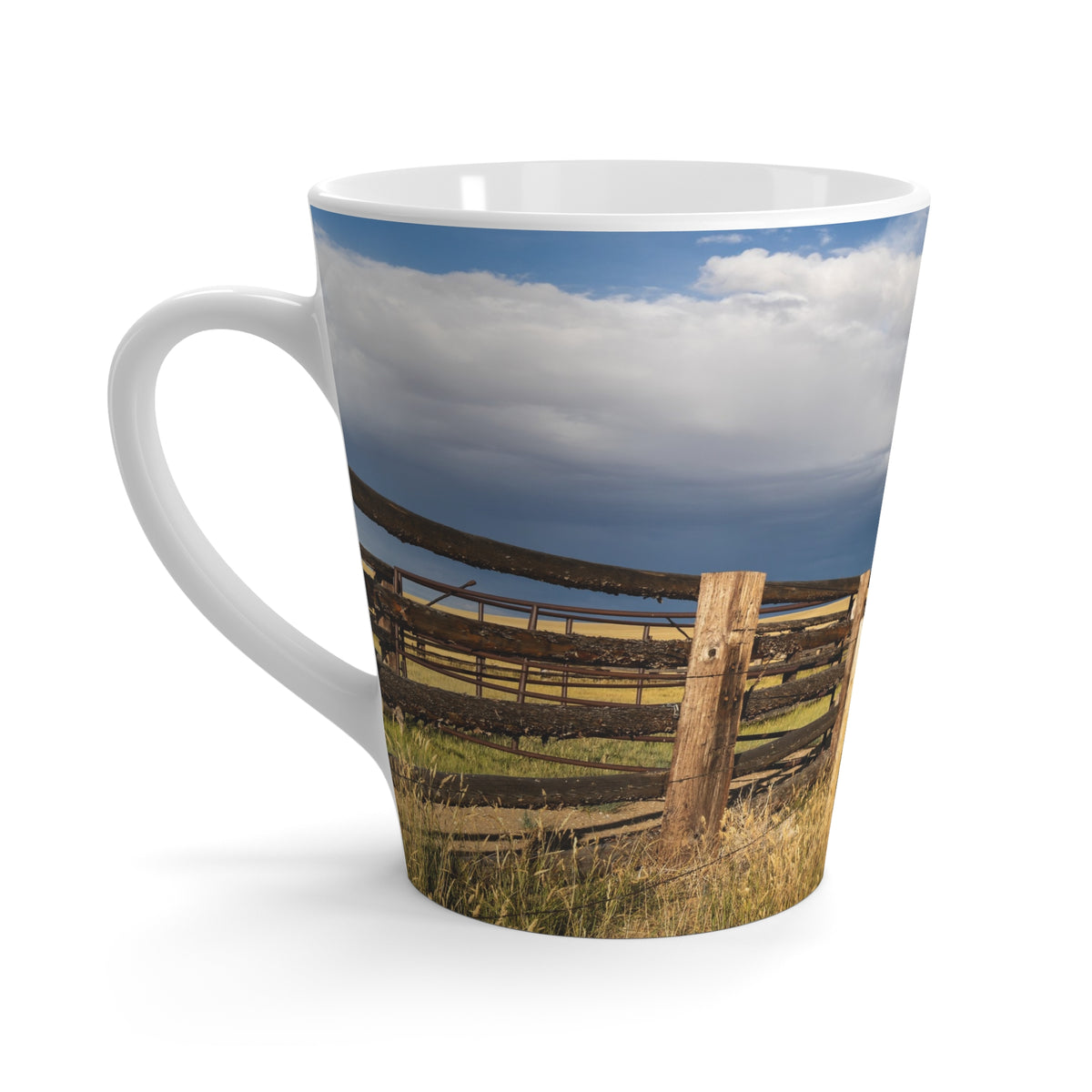 Rustic Western Range Latte Mug — Scenic Fence & Stormy Sky Coffee Cup
