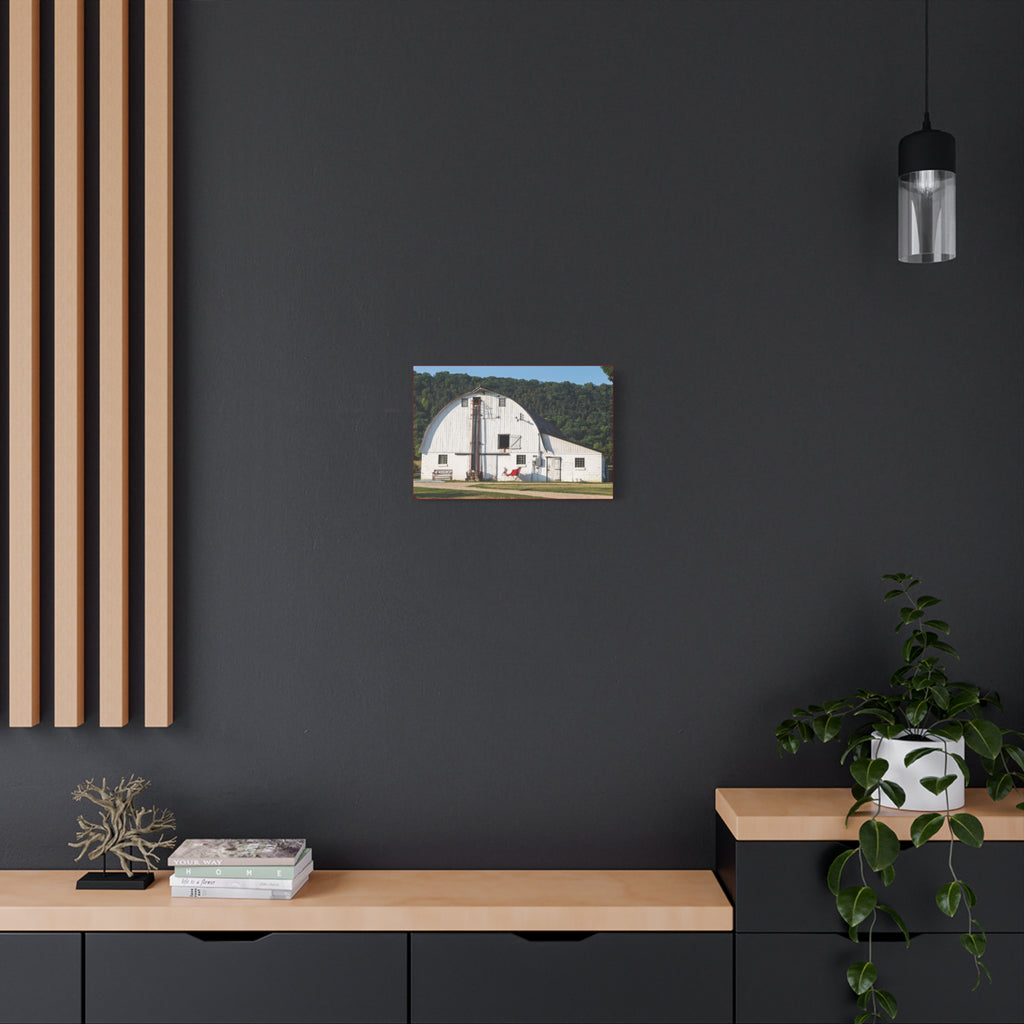 White Barn Matte Canvas Wall Art — Rustic Farmhouse Landscape Print