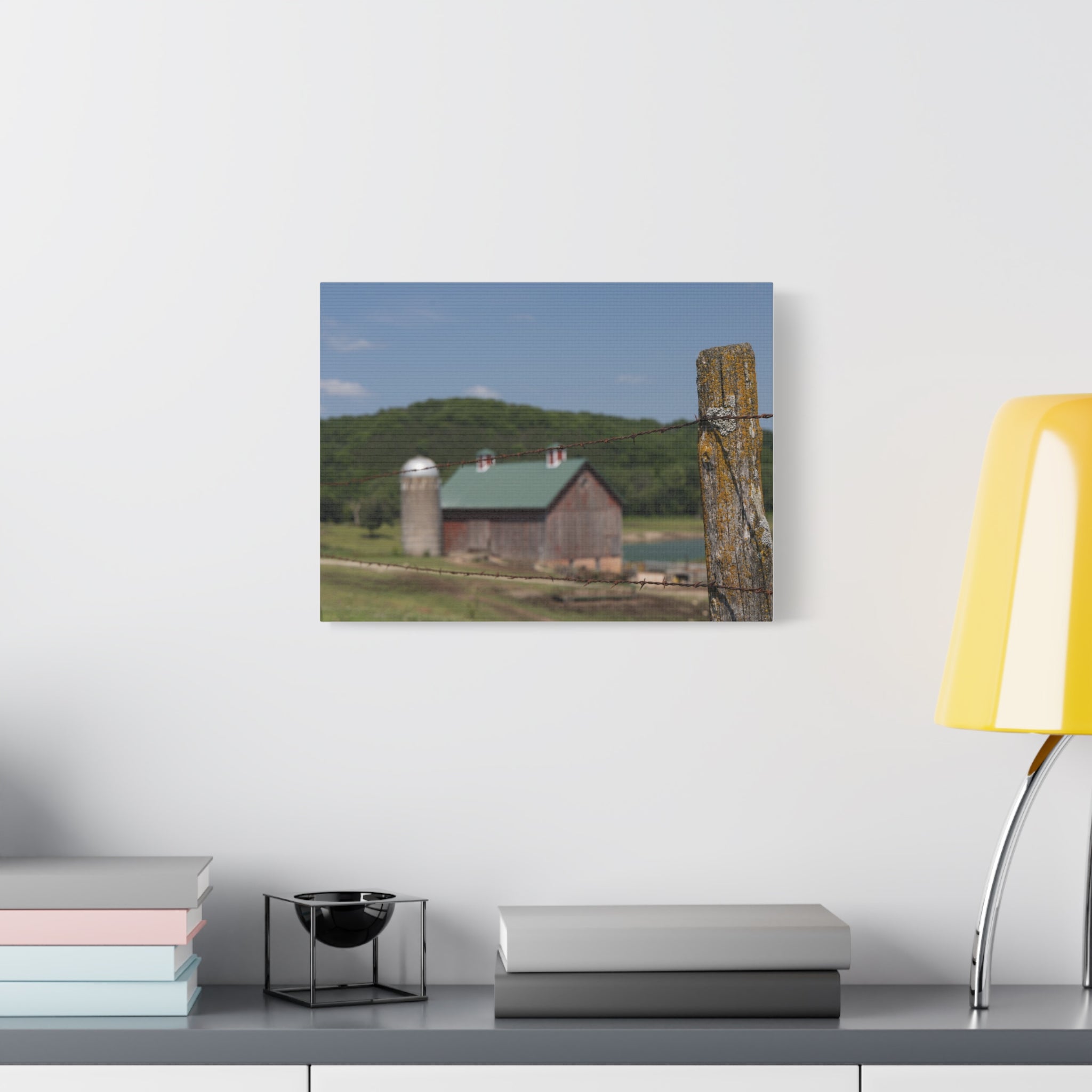 Rustic Barn Matte Stretched Canvas — Blurred Farm Landscape with Barbed Wire