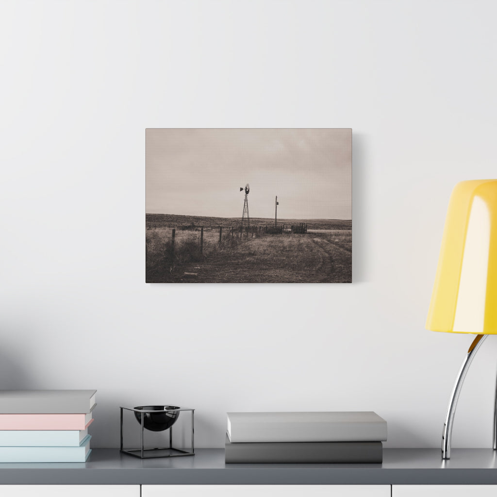 Windmill Pasture Matte Canvas Print — Sepia Rural Landscape Wall Art