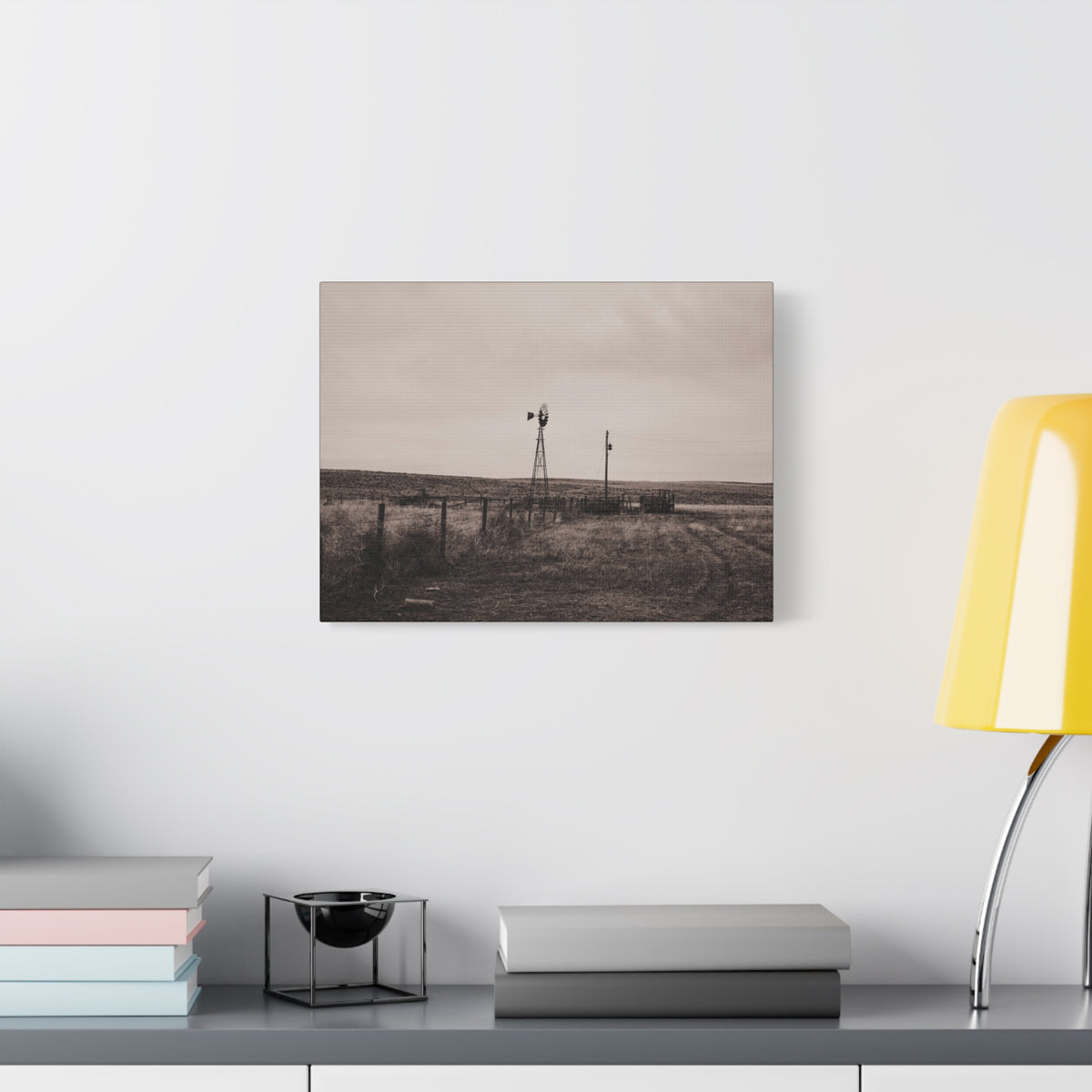 Windmill Pasture Matte Canvas Print — Sepia Rural Landscape Wall Art