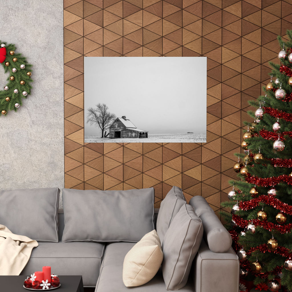 Matte Horizontal Poster — Winter Barn Black & White Landscape