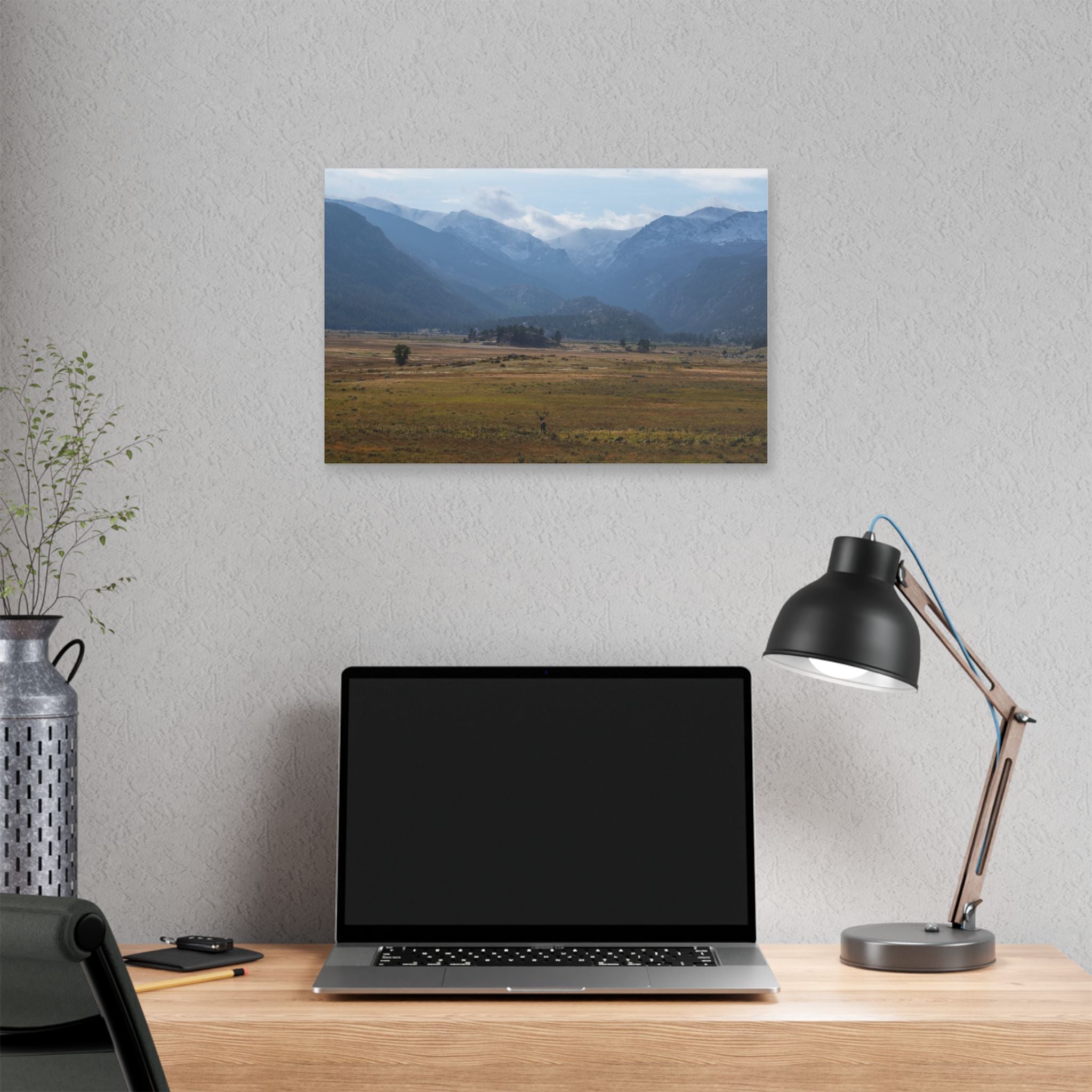 Mountain Valley Landscape Canvas Print — 'Elk in the Foreground' Stretched Wall Art