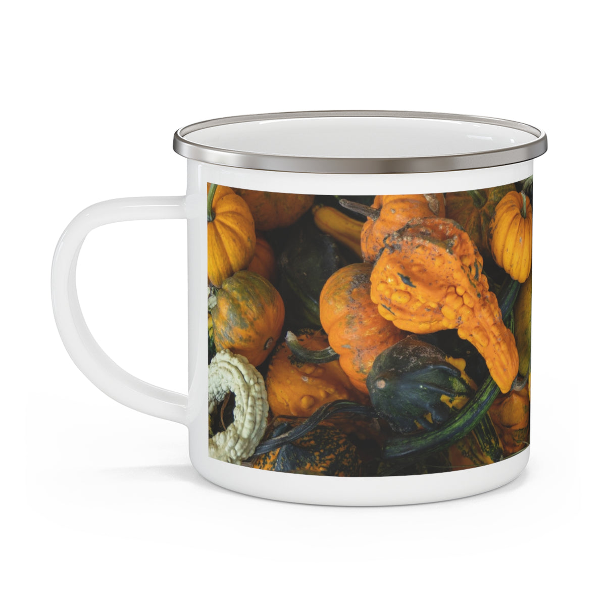 Printify enamel mug with autumn gourd harvest design, camping cup featuring colorful fall gourd illustrations.