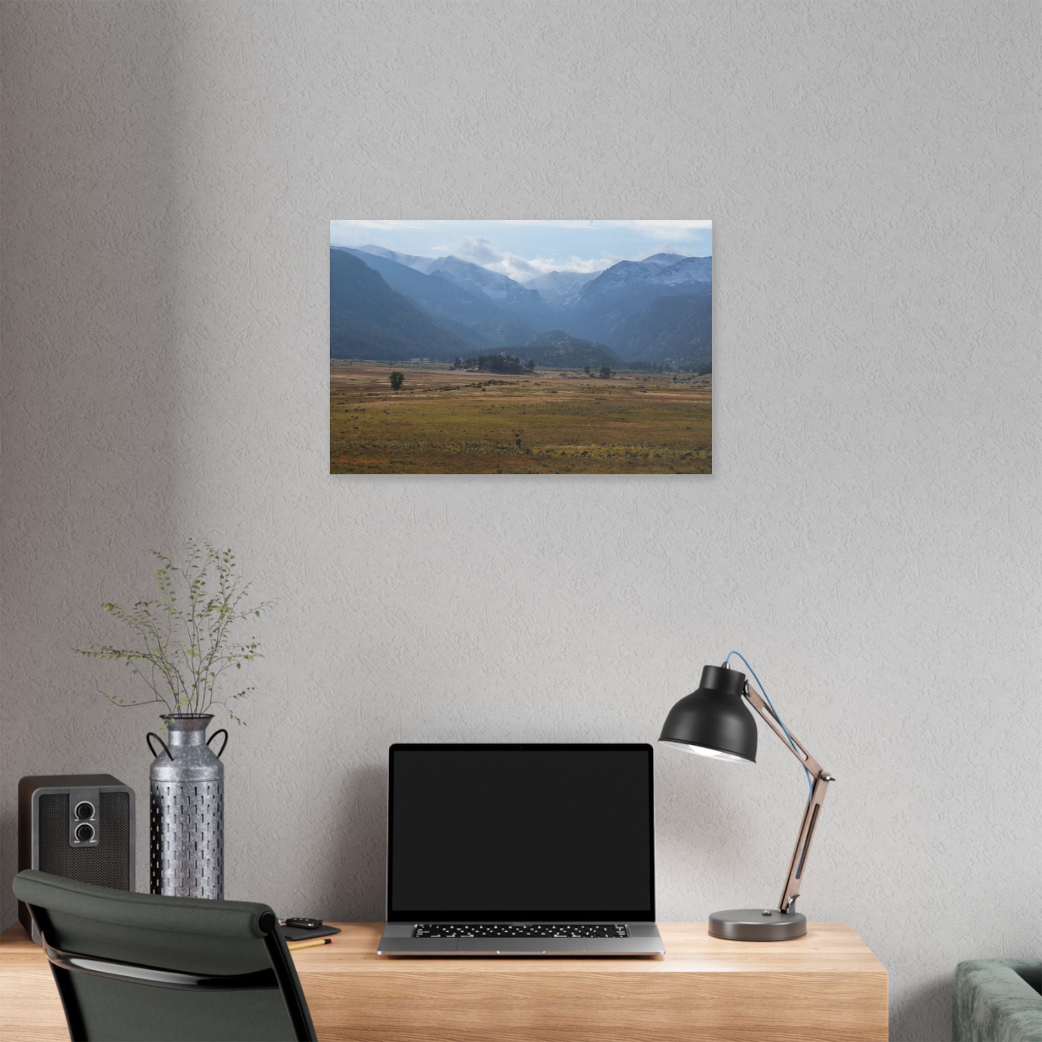 Mountain Valley Landscape Canvas Print — 'Elk in the Foreground' Stretched Wall Art