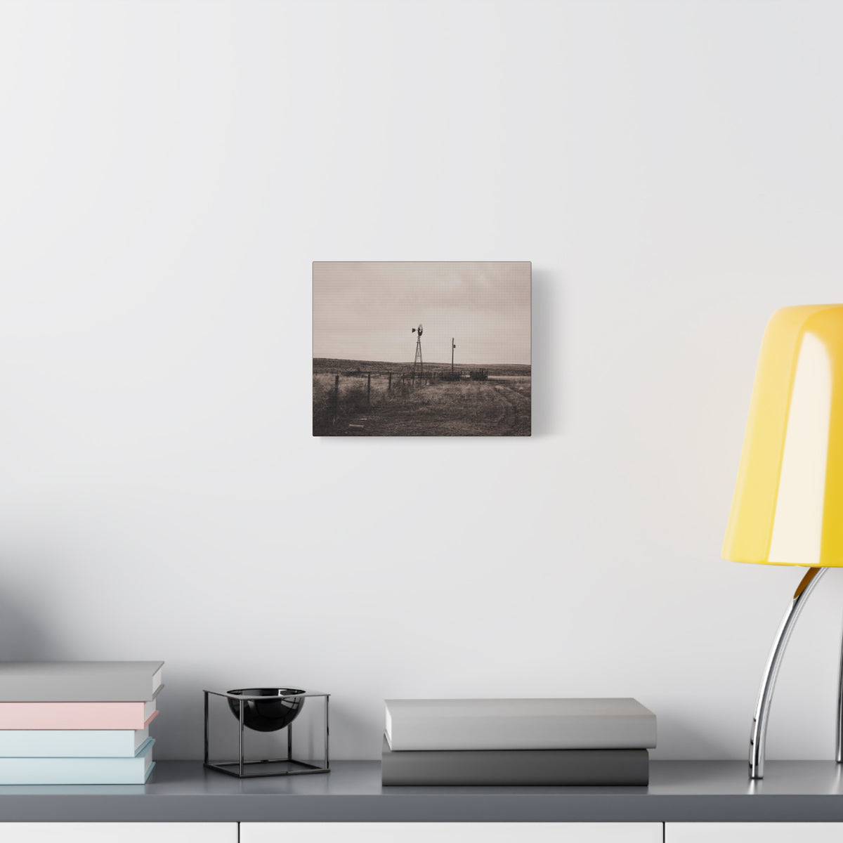 Windmill Pasture Matte Canvas Print — Sepia Rural Landscape Wall Art
