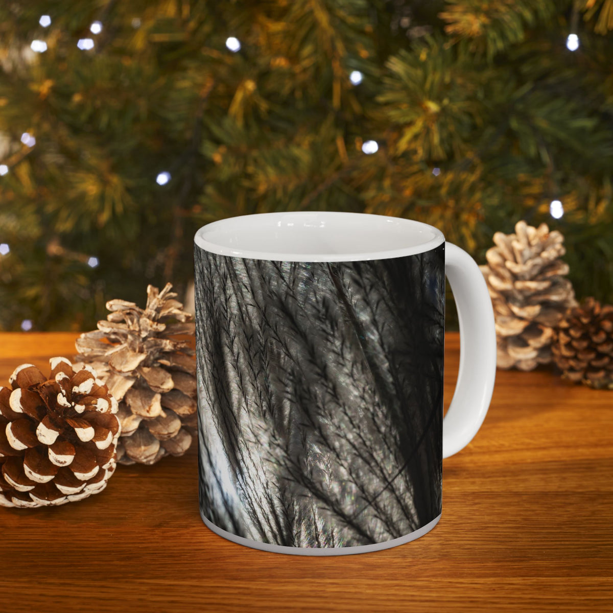 Ceramic mug with feather silhouette and soft neutral botanical design, 11oz or 15oz size, by Printify.