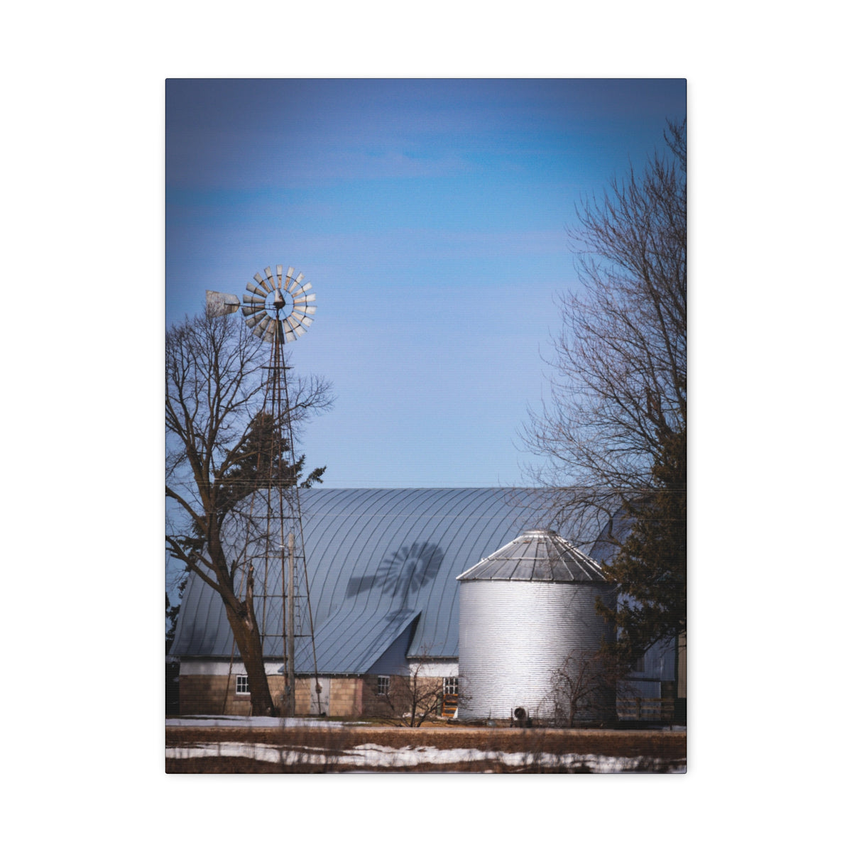 Matte canvas print of a windmill shadow artwork by Printify, featuring detailed shadow and rural landscape scene.