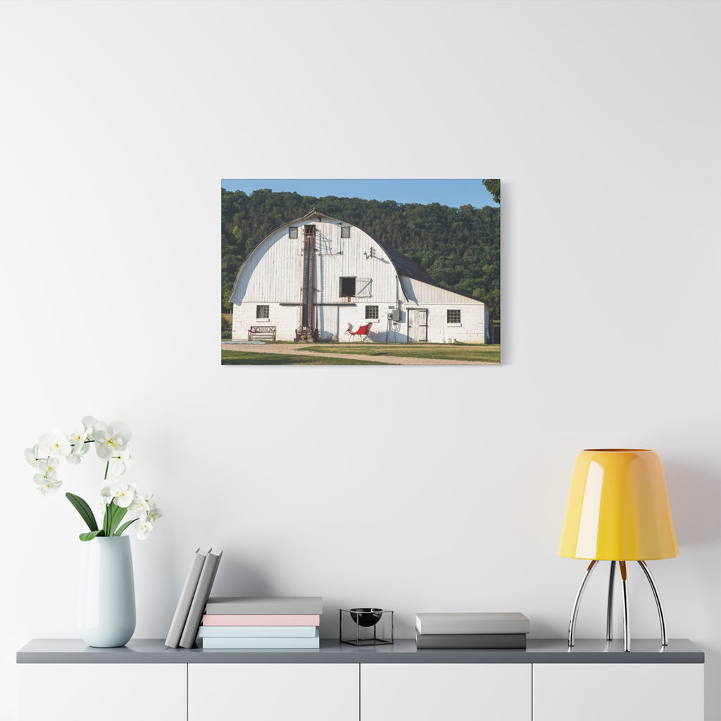 Santa's Sleigh in front of White Barn Canvas Print | Matte Stretched Wall Art, Rustic Farmhouse Decor